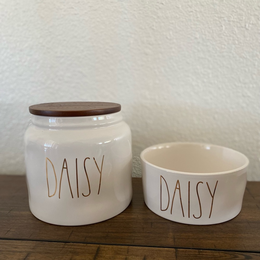 Rae Dunn dog bowl and treats jar